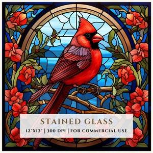 Rode kardinaal vogel gebrandschilderd glaspatroon, sublimatie ontwerpen, gebrandschilderd glas PNG, nep-gebrandschilderd glas, digitaal bestand, commercieel gebruik