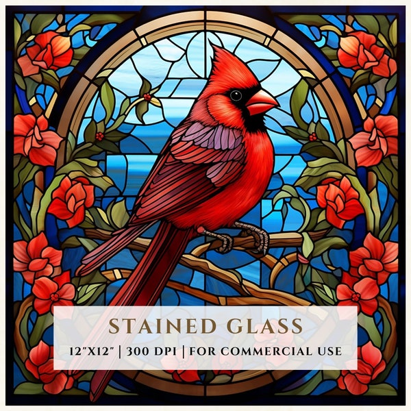 Red Cardinal Bird Stained Glass Pattern, Sublimation Designs, Stained Glass PNG, Faux Stained Glass, Digital File, Commercial Use