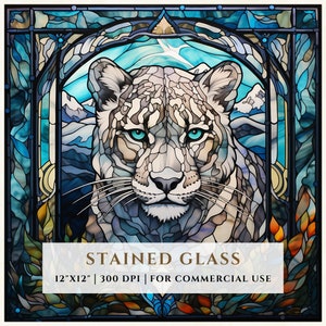Sneeuwluipaard-gebrandschilderd glaspatroon, sublimatieontwerpen, glas-in-lood, PNG, nep-gebrandschilderd glas, digitaal bestand, commercieel gebruik