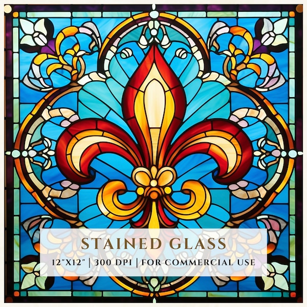 Fleur-De-Lis Stained Glass Pattern, Sublimation Designs, Stained Glass PNG, Faux Stained Glass, Digital File, Commercial Use