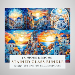 Lot de 5 motifs de vitraux de Santorin, Grèce, motifs par sublimation, vitrail PNG, faux vitrail, fichier numérique, usage Commercial