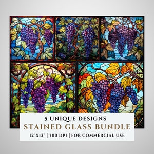 Druiven gebrandschilderd glaspatroonbundel, bloem, bloemen, sublimatieontwerpen, nep-gebrandschilderd glas, digitaal PNG-bestand, commercieel gebruik