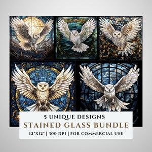 Lot de 5 motifs de vitrail harfang des neiges, motifs par sublimation, vitrail PNG, faux vitrail, fichier numérique, usage Commercial
