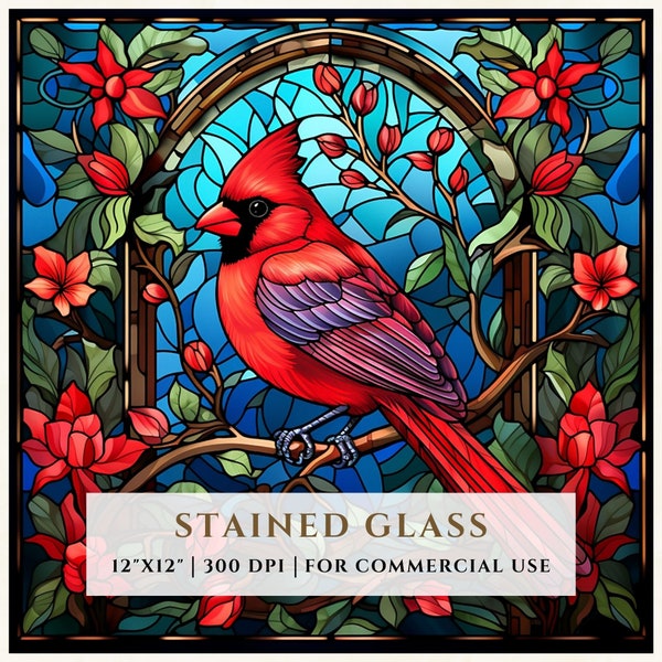 Red Cardinal Bird Stained Glass Pattern, Sublimation Designs, Stained Glass PNG, Faux Stained Glass, Digital File, Commercial Use