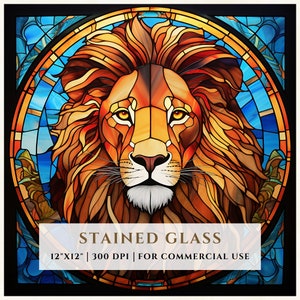 Patrón de vitral de león, diseños de sublimación, vitral PNG, vitral falso, archivo digital, uso comercial