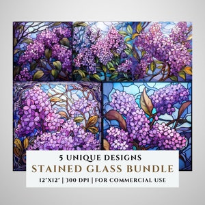 Paquete de 5 patrones de vitrales de color lila, diseños de sublimación, vitrales PNG, vitrales falsos, archivo digital, uso comercial