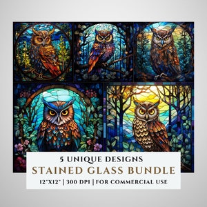 5 Eulen Glasmalerei-Muster-Bundle, Sublimations-Designs, Glasmalerei PNG, Glasmalerei, digitale Datei, kommerzielle Nutzung