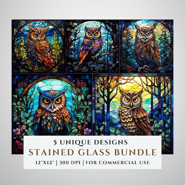 5 Owl Stained Glass Pattern Bundle, Sublimation Designs, Stained Glass PNG, Faux Stained Glass, Digital File, Commercial Use