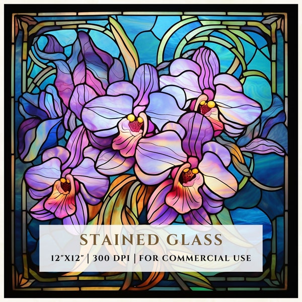 Orchid Flower Stained Glass Pattern, Sublimation Designs, Stained Glass PNG, Faux Stained Glass, Digital File, Commercial Use