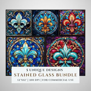 Lot de 5 motifs de vitrail fleur de lys, motifs par sublimation, vitrail PNG, faux vitrail, fichier numérique, usage Commercial