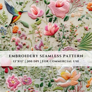 刺繍花柄シームレスファイル、ハチドリの花、カラフルな野の花、繊細な色彩、デジタルファイル、商用利用
