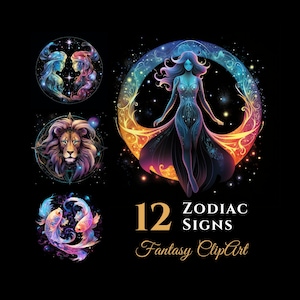 Pacote de clipart de signos do zodíaco, gráficos digitais de horóscopo de fantasia, download instantâneo, para uso comercial, celestial
