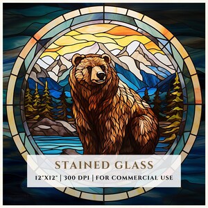 Grizzlybjörnsmönster med målat glas, sublimeringsdesigner, målat glas PNG, konstgjort målat glas, digital fil, kommersiellt bruk