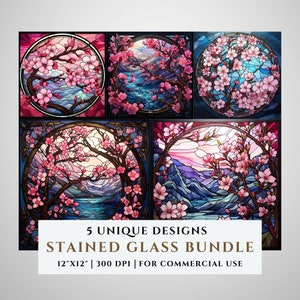 5 Kirschblüten-Buntglasmuster-Bundle, Blume, Blumenmuster, Sublimationsdesigns, künstliche Glasmalerei, PNG digitale Datei, kommerzielle Nutzung
