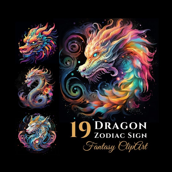 19 Dragon Zodiac Sign Clipart Bundle, 2024 Year Of Dragon Fantasy Chinese Horoscope Digital Graphics, For Commercial Use, Celestial