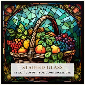 Padrão de vitral de cesta de frutas, designs de sublimação, vitral PNG, vitral falso, arquivo digital, uso comercial
