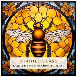 Honey Bee-gebrandschilderd glaspatroon, sublimatieontwerpen, gebrandschilderd glas PNG, namaak-gebrandschilderd glas, digitaal bestand, commercieel gebruik