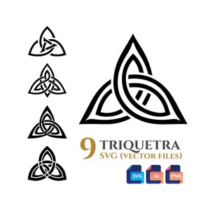 May include: Nine black and white triquetra knot designs. The designs are in a variety of sizes and styles. The text "9 Triquetra SVG (Vector Files)" is below the designs. The text "SVG AI PNG" is below the text.
