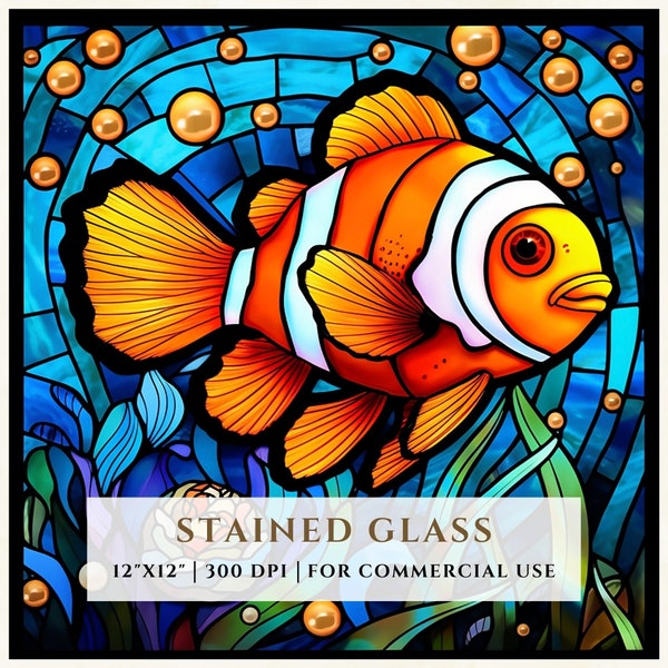 Clownfish Stained Glass Pattern, Sublimation Designs, Stained Glass PNG, Faux Stained Glass, Stain Glass Paper, Digital File, Commercial Use