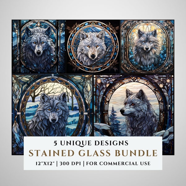 5 Arctic Wolf Stained Glass Pattern Bundle, Sublimation Designs, Stained Glass PNG, Faux Stained Glass, Digital File, Commercial Use