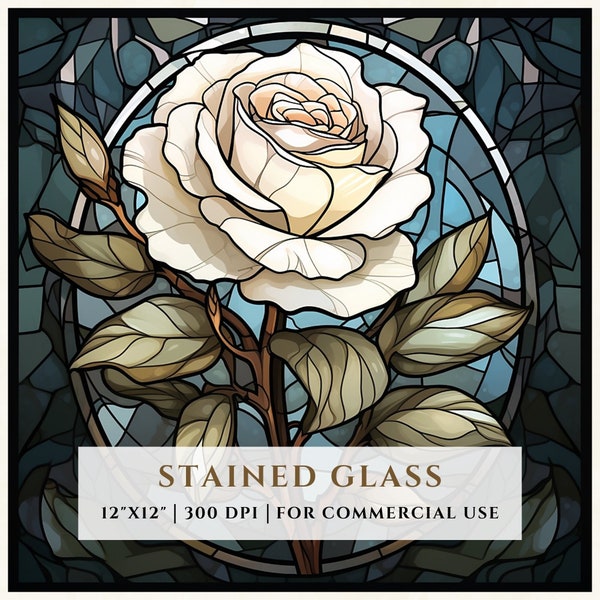 White Rose Stained Glass Pattern, Sublimation Designs, Stained Glass PNG, Faux Stained Glass, Digital File, Commercial Use