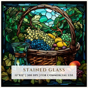 Padrão de vitral de cesta de frutas, designs de sublimação, vitral PNG, vitral falso, arquivo digital, uso comercial