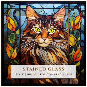 Motif de vitrail chat Maine Coon, chaton mignon, motifs en sublimation, faux vitrail, fichier numérique PNG, usage commercial