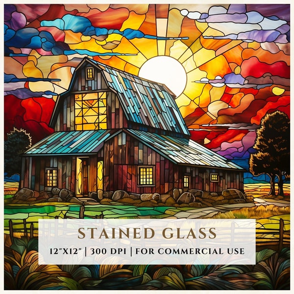 Barn Farm House Stained Glass Pattern, Sublimation Designs, Stained Glass PNG, Faux Stained Glass, Digital File, Commercial Use