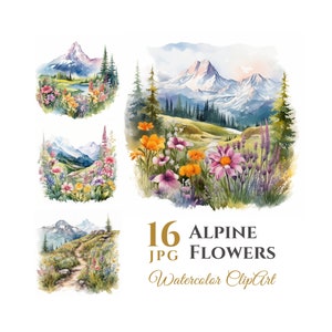 16 枚の水彩画のアルプスの花、山の高い風景のクリップアート バンドル、デジタル グラフィックス、即時ダウンロード、商用利用可