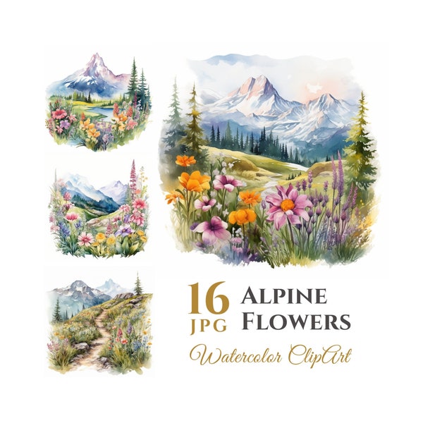 16 aquarelle fleurs alpines montagne haute paysage Clipart Bundle, graphiques numériques, téléchargement immédiat, pour un usage Commercial