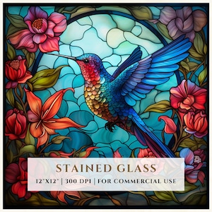 Hummingbird Stained Glass Floral Pattern, Sublimation Designs, Stained Glass PNG, Faux Stained Glass, Digital File, Commercial Use