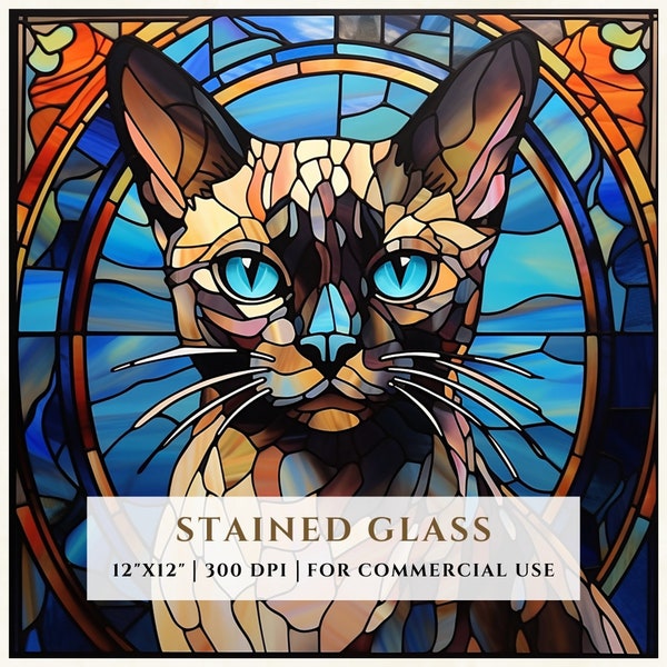 Siamese Cat Stained Glass Pattern, Cute Kitten, Sublimation Designs, Stained Glass PNG, Faux Stained Glass, Digital File, Commercial Use