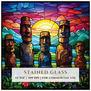 Påskön målat glasmönster, Moai-statyer, sublimeringsdesigner, konstmålat glas, PNG digital fil, kommersiellt bruk