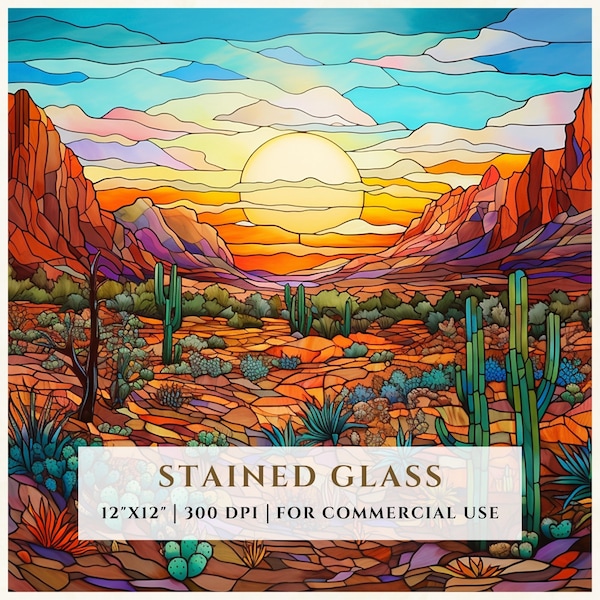 Desert Landscape Stained Glass Pattern, Sublimation Designs, Stained Glass PNG, Faux Stained Glass, Digital File, Commercial Use