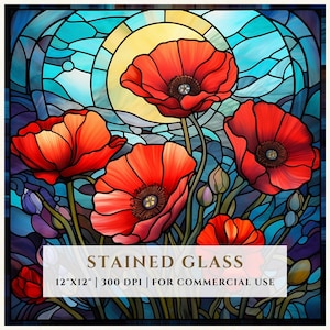 Motif de vitrail coquelicots, motifs par sublimation, vitrail PNG, faux vitrail, fichier numérique, usage Commercial