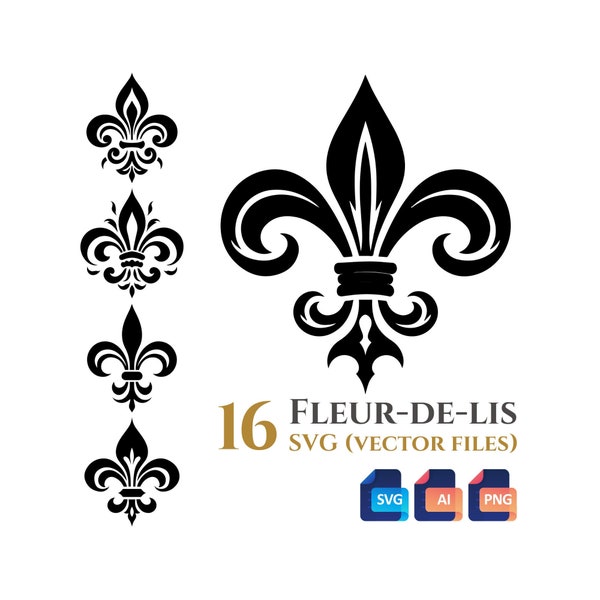 16 Fleur-De-Lis svg Vector Clipart Bundle, Transparent Background, Instant Digital Download SVG, AI, PNG files, Commercial Use