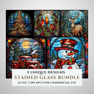 5 Weihnachtsmotive Glasmalerei-Muster-Bundle, Sublimations-Designs, Glasmalerei PNG, Glasmalerei, digitale Datei, kommerzielle Nutzung