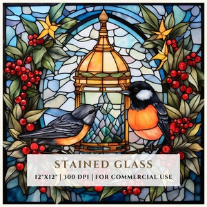 Vögel Weihnachtsmotive Glasmalerei-Muster, Sublimations-Designs, Glasmalerei PNG, Glasmalerei, digitale Datei, kommerzielle Nutzung