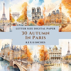 Pacote de papel digital para impressão 30 Autumn In Paris, outono em aquarela, download instantâneo, uso comercial, lixo eletrônico, álbum de recortes