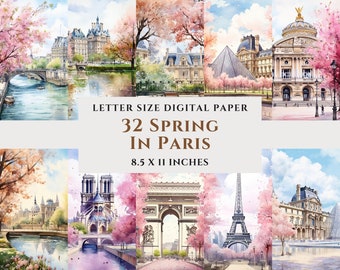Paquete de 32 papeles digitales imprimibles «Primavera en París», acuarela, Francia, descarga instantánea, uso comercial, ideal para diarios basura y scrapbooking.