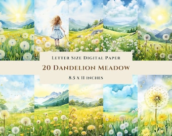 Paquete de 20 papeles digitales imprimibles con diseño de prado de dientes de león, acuarela, descarga instantánea, uso comercial, diario basura, álbumes de recortes