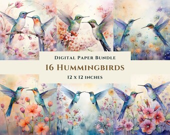Paquete de 16 papeles digitales imprimibles con diseño de colibríes, descarga instantánea, uso comercial, diario basura, álbumes de recortes