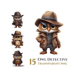 Pacote de clipart de 15 corujas detetive, fundo transparente, download digital de arquivos PNG, para uso comercial