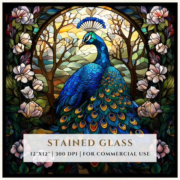 Peacock Stained Glass Pattern, Sublimation Designs, Stained Glass PNG, Faux Stained Glass, Digital File, Commercial Use