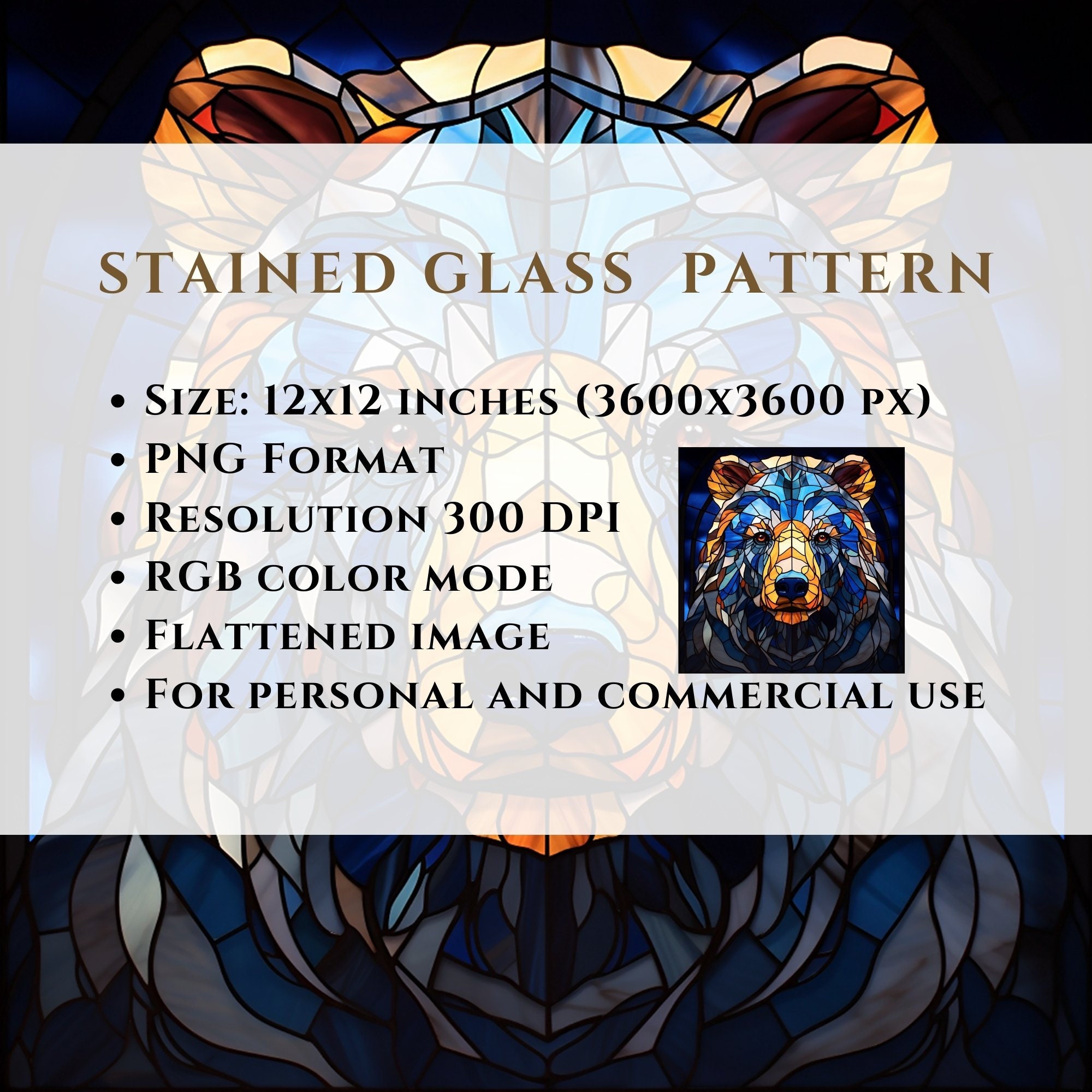 Grizzly Bear Stained Glass Pattern, Sublimation Designs, Stained Glass ...