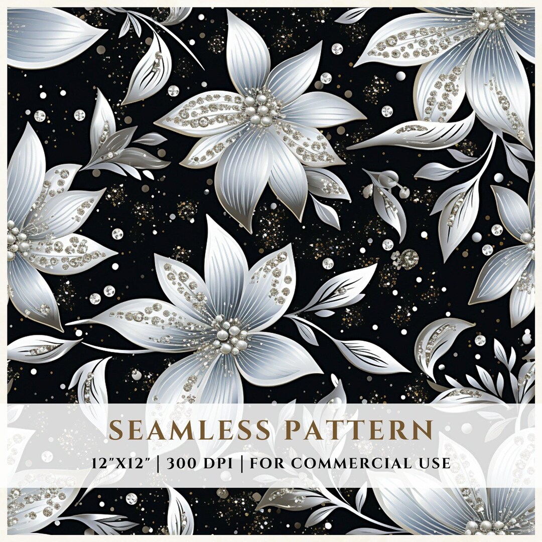 Silver Floral Seamless Pattern Digital Image, Silver Flowers, Glitter ...