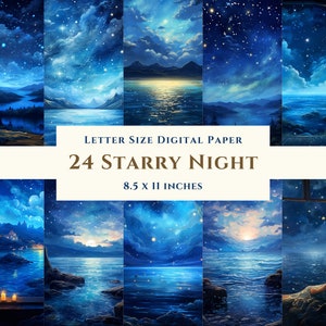 Pacote de papel digital para impressão 24 Starry Night, aquarela, tamanho carta, download instantâneo, uso comercial, lixo eletrônico, álbum de recortes