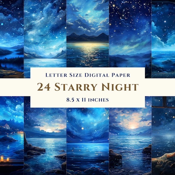 24 Starry Night Printable Digital Paper Bundle, Watercolor, Letter Size, Instant Download, Commercial Use, Junk Journal, Scrapbooking