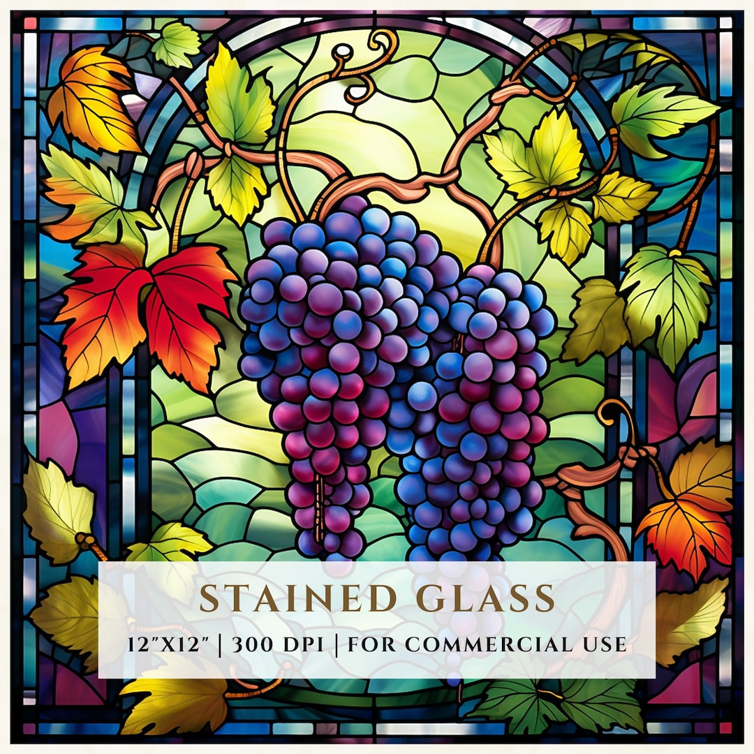 Grapes Stained Glass Pattern, Sublimation Designs, Stained Glass PNG
