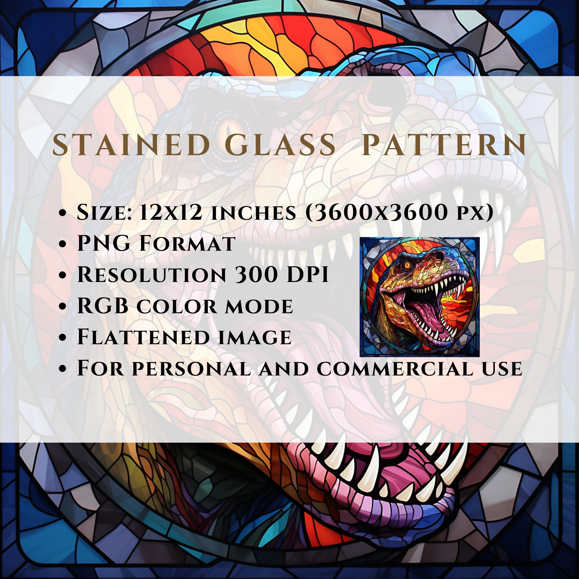 Trex Stained Glass Pattern, Tyrannosaurus, Trex, Dinosaur, Sublimation